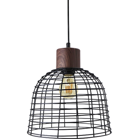 Hängeleuchte mit schwarzem Drahtkäfig, Holzaufsatz und Glühbirne.