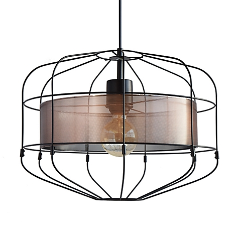 Hängeleuchte mit Drahtkäfig-Design, kupferfarbener Lampenschirm, Glühbirne im Zentrum.