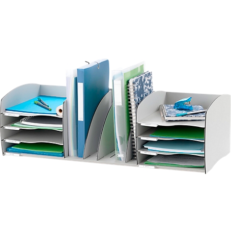 Gray desk organizer with multiple compartments. The compartments hold folders, notebooks, and stationery.