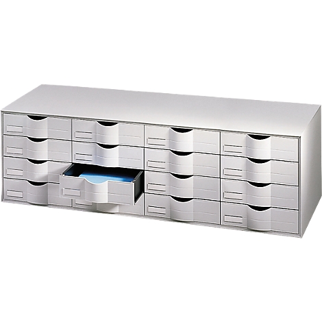 Gray drawer cabinet, one drawer open, blue content visible.