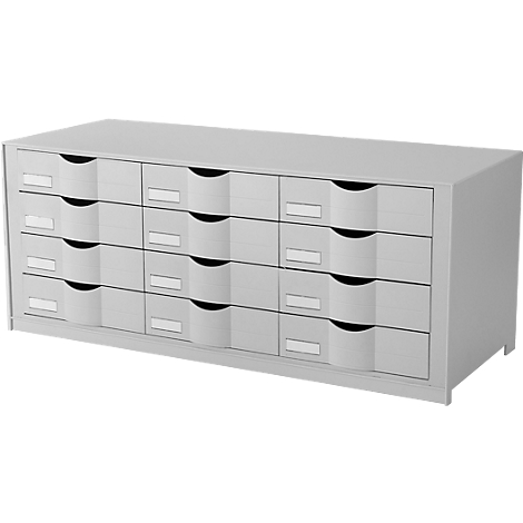 Gray cabinet with 20 drawers and black handles.