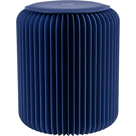 Blauer, zylindrischer Hocker mit gerillter Oberfläche und flacher Sitzfläche.