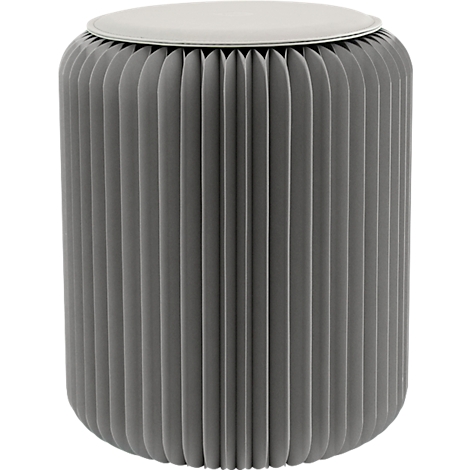 Grauer, geriffelter Hocker mit weißer Sitzfläche. Die geriffelte Struktur verleiht dem Hocker ein modernes Design.