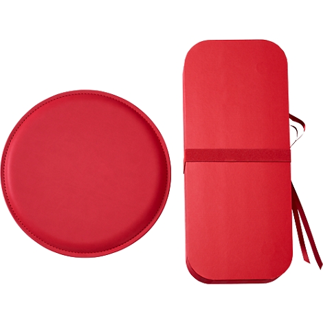Roter Teller und flaches Etui mit Bändern. Beide Objekte sind vor weißem Hintergrund platziert.