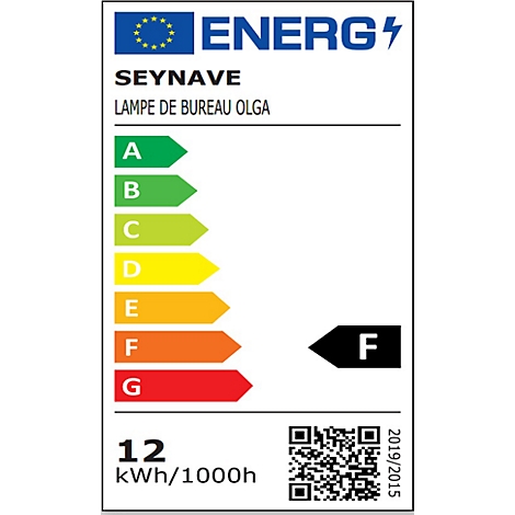 Étiquette énergétique avec lettres A à G, note F. Texte : SEYNAVE, LAMPE DE BUREAU OLGA. Code QR, 12 kWh/1000h.