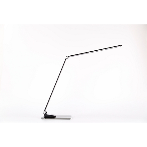 Lampe de bureau moderne, grise, avec bras pivotant et base rectangulaire, sur fond blanc.