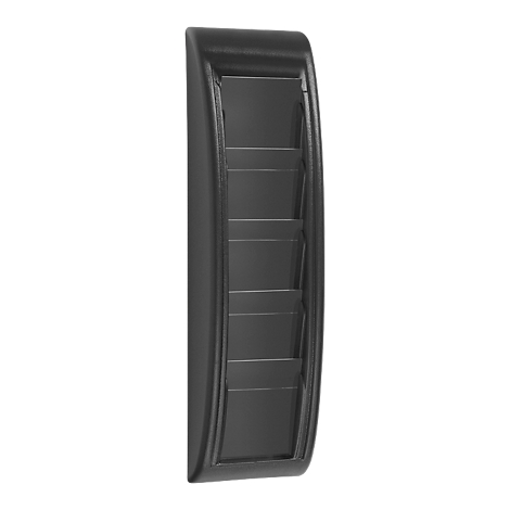 Black wall-mounted brochure holder with four compartments.