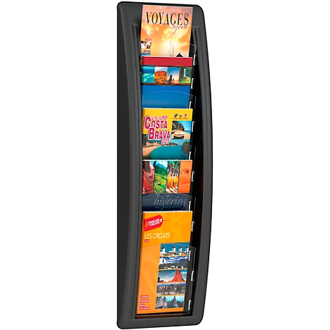 Black brochure holder with brochures about travels.