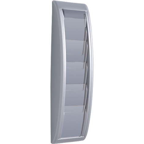 Grey wall-mounted brochure holder with multiple compartments.