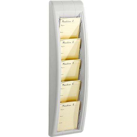 Gray wall mount with 5 yellow notes, labeled "Maschine 1" to "Maschine 5".