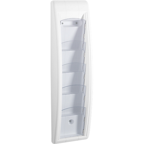 White wall brochure holder with multiple compartments.