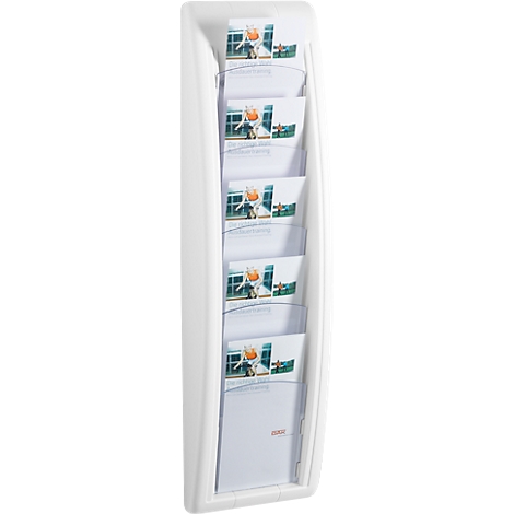 White brochure holder with six compartments, filled with brochures. Images and texts are visible on the brochures.