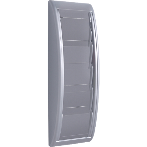 Gray wall-mounted brochure holder with multiple compartments.