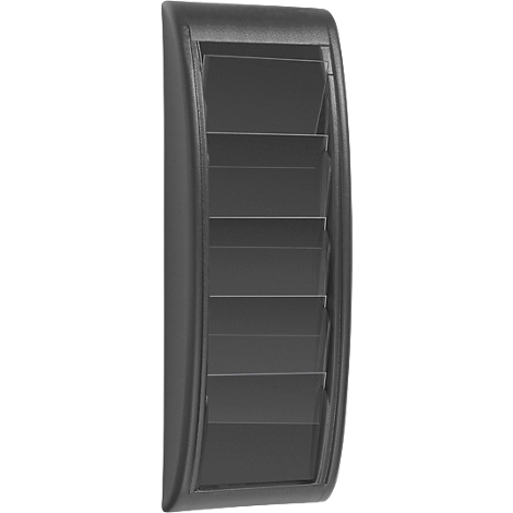 Gray wall ventilation with slats. Dark gray frame, the slats are slightly angled.