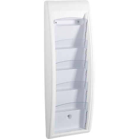 White wall-mounted rack with transparent compartments. The frame has rounded edges. Several compartments are arranged vertically.