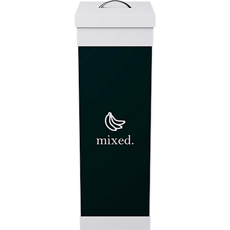 White trash can with dark, rectangular section with banana icon and the word "mixed".