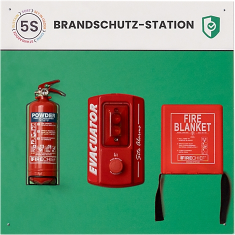 Eine Brandschutz-Station mit Feuerlöscher, Alarm und Löschdecke vor grünem Hintergrund.