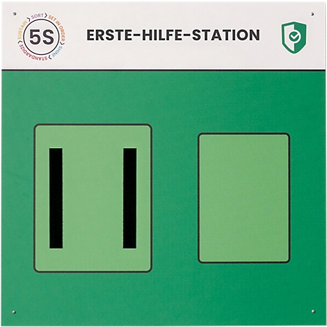 Panneau vert avec l'inscription "ERSTE-HILFE-STATION", deux champs rectangulaires et un symbole. En haut à gauche : logo 5S.