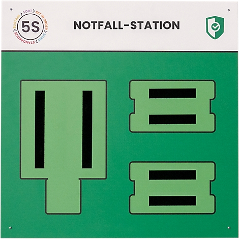 Panneau vert avec texte noir. En haut, il est écrit station d'urgence. En dessous, des formes vertes avec des lignes noires.