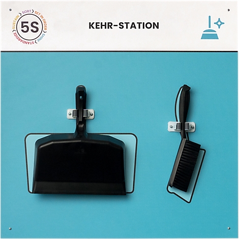 Mur bleu avec pelle et balai. Au-dessus, il est écrit 'Station de balayage' et le logo 5S.