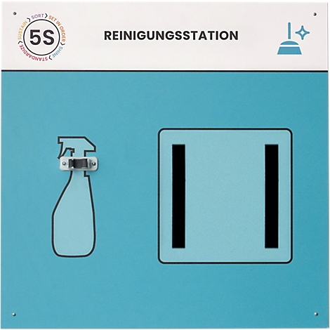 Station de nettoyage bleu clair avec des symboles pour les ustensiles de nettoyage. En haut se trouve 'XL-REINIGUNGSSTATION'.