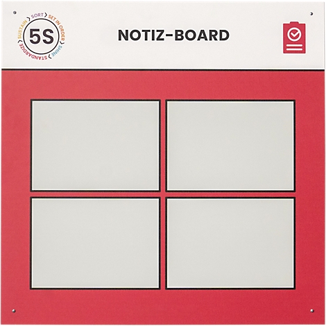 Tableau de bord rouge avec quatre champs blancs. En haut, il est écrit "NOTIZ-BOARD" et le symbole "5S".