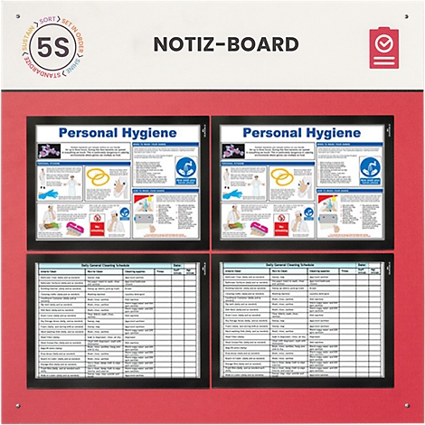 Tableau d'affichage avec lettrage "Notiz-Board". Quatre tableaux avec "Personal Hygiene" et des listes de contrôle.
