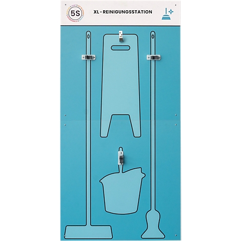 Türkisfarbene Reinigungsstation, mit Piktogrammen von Sprühflasche und Besen.
