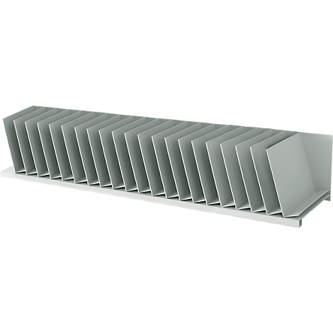 Grijze heatsink met vinnen, op witte basis. Van bovenaf bekeken.