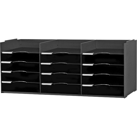 Black document organizer with three sections, each with four drawers with silver handles.