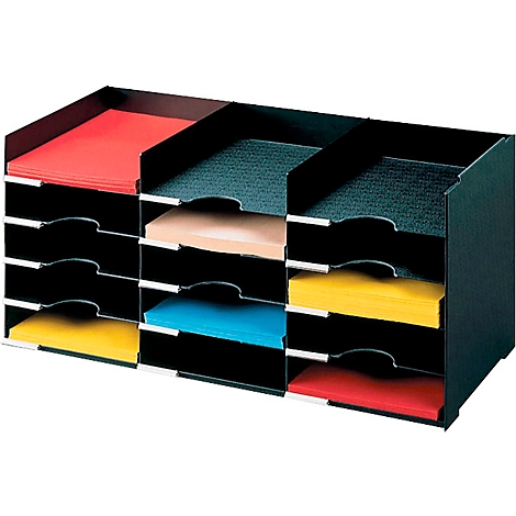 Black document organizer with colored paper in the compartments. Red, yellow, blue, beige, and green.