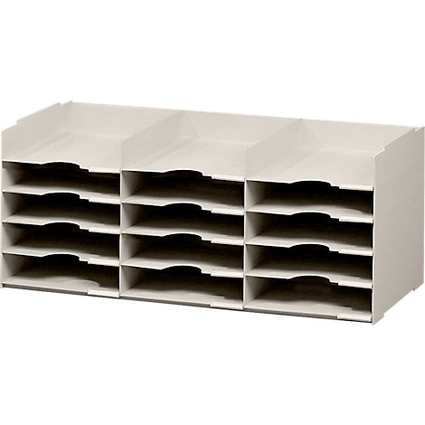 Gray, three-part file sorter with multiple compartments.