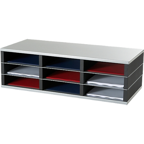 Desk organizer with compartments, filled with colored documents.