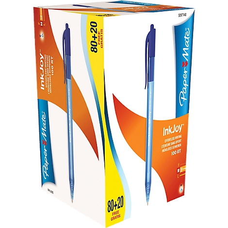 Een verpakking met blauwe InkJoy pennen. Opschrift: 80+20 gratis.
