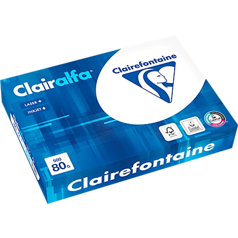 Emballage de papier bleu Clairefontaine. Avec logo, texte et certifications. Le paquet contient 500 feuilles, 80g.