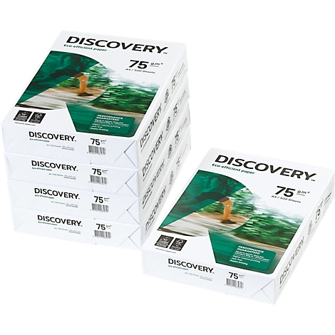 Plusieurs piles de papier de la marque Discovery, 75 g/m², format A4.
