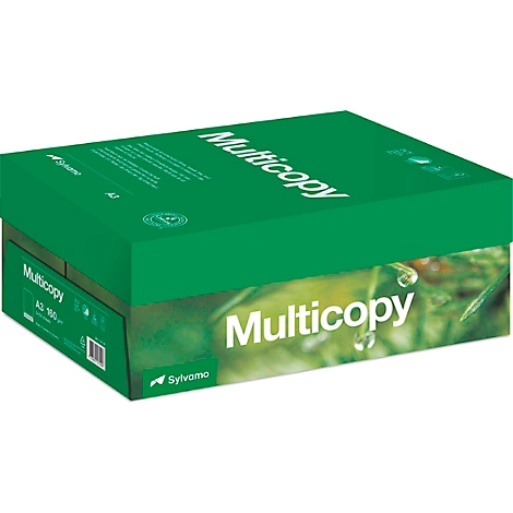 Emballage de papier vert avec lettrage blanc 'Multicopy'. La boîte est posée sur une surface verte floue.