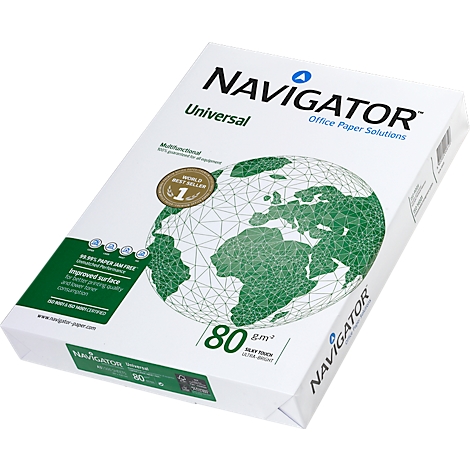 Boîte de papier blanche avec le nom de marque Navigator et un dessin de carte du monde. Texte : "80 g/m²".