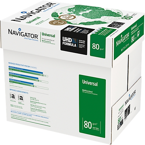 Une boîte de papier blanc de la marque Navigator, imprimée avec des logos et des informations. Inscription : Universal, 80 g/m².