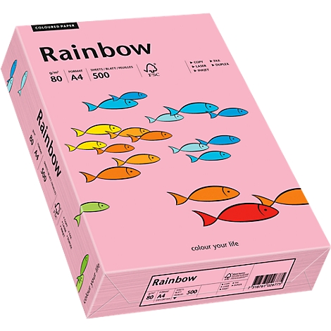 Paquet de papier rose avec des poissons de différentes couleurs, avec l'inscription "Rainbow".
