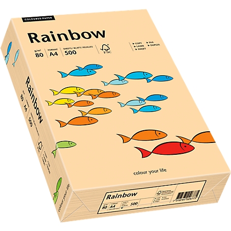 Une boîte de papier de couleur "Rainbow" avec des motifs de poissons colorés. Inscriptions: Rainbow, 80 A4 500.