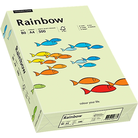 Un paquet de papier coloré 'Rainbow' avec des illustrations de poissons.