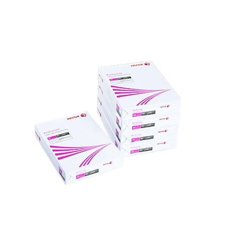 Pile de papier blanc avec un design rose et le logo XEROX, sur fond blanc.