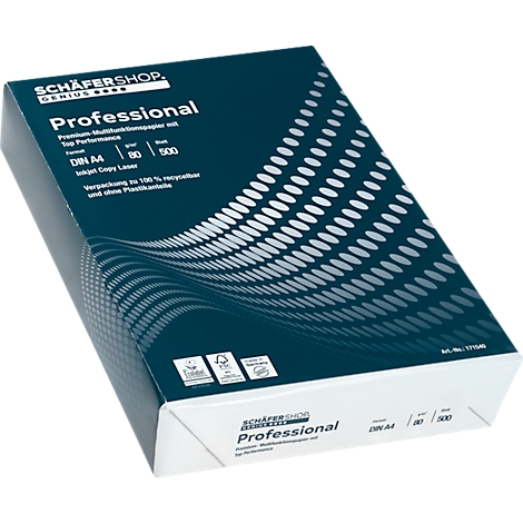 Boîte en papier bleue avec l'impression "Professional". Contient 500 feuilles de papier A4.