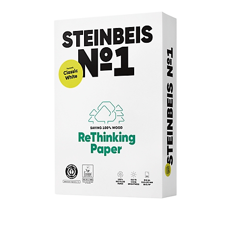 Un paquet de papier Steinbeis n°1, blanc et avec logos et textes.