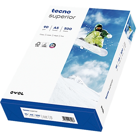 Un paquet de papier Tecno Superior. Les informations imprimées comprennent le grammage, le format et le nombre de feuilles, ainsi qu'un snowboarder sur fond de ciel bleu.