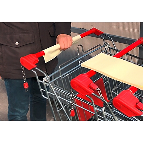 Personne tenant un chariot de magasin par la poignée. La poignée est rouge avec une fixation beige.
