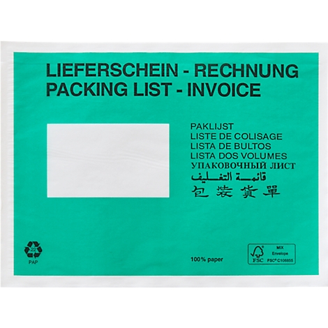 Grüne Versandtasche für Lieferscheine mit weißem Adressfenster und mehrsprachigen Beschriftungen.