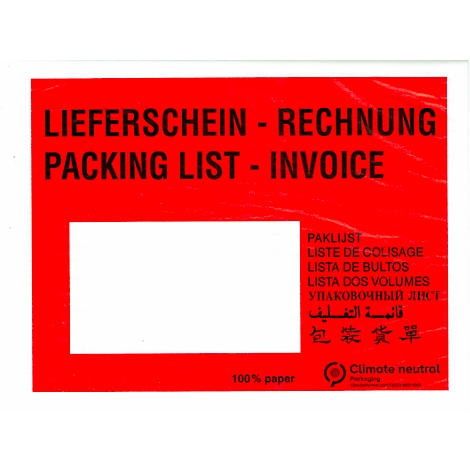 Rotes Etikett mit den Worten 'Lieferschein - Rechnung' und 'Packing List - Invoice'. Enthält ein weißes Feld und Text in verschiedenen Sprachen.