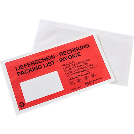 Selbstklebende Versandtasche mit rot-weißem Aufdruck Lieferschein - Rechnung.